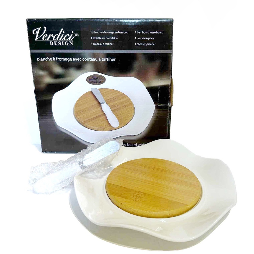 Verdici Design Bamboo Wood Cheese Board Porcelain Plate Spreader Knife White
